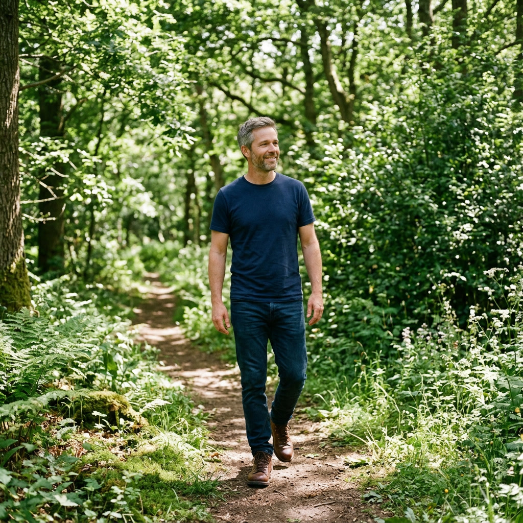 Man wandelt ontspannen langs een gracht in een Nederlandse stad in ochtendlicht