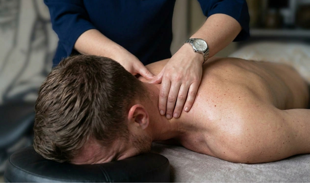 Angelique Lammertink begeleidt een man tijdens een lichaamsgerichte RESET-sessie in haar praktijk in Schiedam. Hands-on werk als onderdeel van het 12-weken RESET-traject.